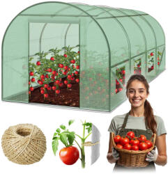 Plonos Fóliasátor vázzal, Plonos 4916-B, zöld, 250 x 400 x 200 cm, bejárható, 10 m2, UV4 védelem, 140 g/m2 PE fólia, 8 ablak, szúnyoghálóval, fém váz, cipzáras bejárat (TE4916-B)