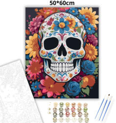  Színes virágkoszorús koponya - számfestő készlet - 50×60 cm (Keret nélkül)