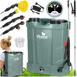Plonos Akkumulátoros permetező, Plonos PL-602, sötétzöld, 16 l, háti pántos, 12 V 8, 0 Ah, 4 fúvóka, PE tartály, akkumulátorrral és töltővel (TE460201)