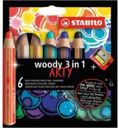STABILO Creioane colorate STABILO Woody 3 în 1 ARTY - creioane colorate, creioane acuarelă, creioane cerate - 6 buc + ascuțitoare