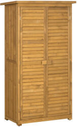 Aosom Kerti fészer lamellás ajtókkal 87x46, 5x160 cm 3 polcos időjárásálló szerszámos szekrény fenyőfa, barna