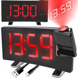 RETOO Rádiós Ébresztőóra Projektorral Fekete Usb Hangos Ébresztőóra Led Kijelző XL (E818)
