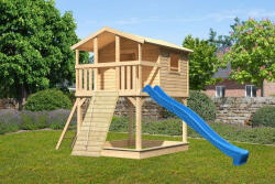  Karibu Benjamin 1. cölöpös fa játszóház, kültéri kerti játszóház létrával, kék csúszdával, fa rámpával