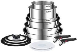 Tefal Set 13 piese Ingenio Emotion, oala 16 / 20 cm, tigaie 22 / 24 / 28 cm, wok 26 cm, 2 manere detasabile, capace sticla 16 / 20 / 24 cm, capace ermetice 16 / 20 cm, invelis antiaderent, inductie, arginti