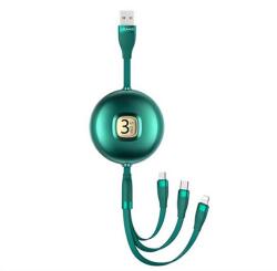 USAMS u69 adatkábel 3in1, usb - type-c/lightning/microusb, 3a, 100cm, csévélhető, sötétzöld (SJ508USB03)