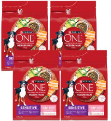 ONE PURINA ONE Sensitive Medium/Maxi felnőtt kutyáknak szánt, lazacban gazdag kutyaeledel rizzsel 4x2, 5 kg