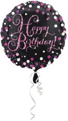  Fólia lufi 45cm gömb fekete-pink hologramos Happy Birthday (0026635839310)