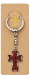Dodaco Breloc religios cruce decorativa cu snur textil impletit si margele din lemn, accesoriu crestin pentru chei sau rucsac