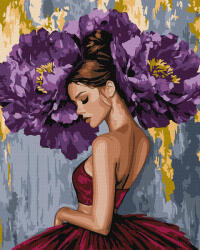 Ideyka Set pictura pe numere, cu sasiu, Balerina cu bujori violeti - culori metalizate, 40x50 cm (KHO8658)
