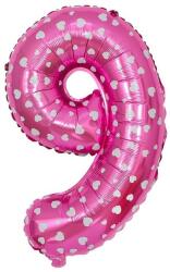 Flippy Balon din Folie Metalizata Figurina Cifra, Imprimeu Inimi, Tema Aniversare 80 cm, Ambalaj Individual, Pai inclus, Umflare cu Aer sau Heliu, Roz, Cifra 9