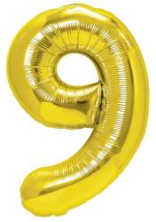Flippy Balon din Folie Metalizata Figurina Cifra, Tema Aniversare 100 cm, Ambalaj Individual, Pai inclus, Umflare cu Aer sau Heliu, Auriu, Cifra 9