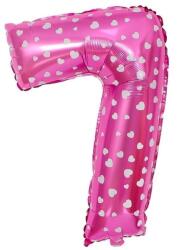 Flippy Balon din Folie Metalizata Figurina Cifra, Imprimeu Inimi, Tema Aniversare 80 cm, Ambalaj Individual, Pai inclus, Umflare cu Aer sau Heliu, Roz, Cifra 7
