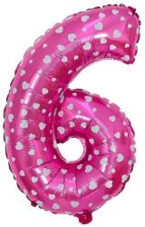 Flippy Balon din Folie Metalizata Figurina Cifra, Imprimeu Inimi, Tema Aniversare 80 cm, Ambalaj Individual, Pai inclus, Umflare cu Aer sau Heliu, Roz, Cifra 6