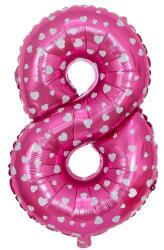 Flippy Balon din Folie Metalizata Figurina Cifra, Imprimeu Inimi, Tema Aniversare 80 cm, Ambalaj Individual, Pai inclus, Umflare cu Aer sau Heliu, Roz, Cifra 8