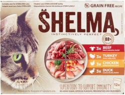 Shelma nedves macskaeledel felnőtt macskának gabonamentes párolt filé alutasakos macskatáp 12 x 85 g - 1020 g