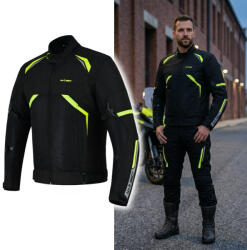 W-Tec Nyári motoros kabát W-TEC Timuco, szellőzőpanelek, rugalmas panelek, fényvisszaverő elemek, tépőzáras pántok fekete-fluo XXL (29326-XXL)