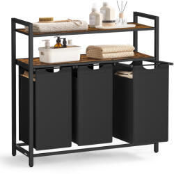 VASAGLE 3 Rekeszes Szennyeskosár MDF és Acél Vázzal Rusztikus Barna és Fekete (EUZ-BLH213B01)