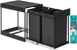 SONGMICS Beépíthető Kihúzható Szekrény Szemetes 2 x 20 L Dupla Rekeszes Acél Váz ABS Fedél Fekete (EUZ-LTB951B01)