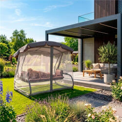 mx 3 személyes, (barna és szürke) Kerti hintaágy (ágy funkcióval) szúnyoghálóval, acélrácsos (mx302)