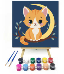  Álmodozó kiscica holdfényben - gyerek számfestő készlet - 30×30 cm (Keretre feszítve)