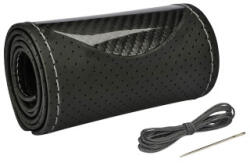  Husa volan din piele perforata M (38 cm), negru carbon, cusatura gri, cu ac si ata (101022-3)