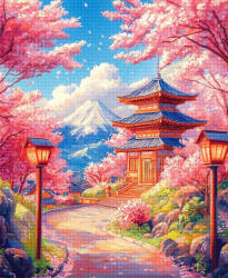 Figured Art Set goblen cu diamante, cu sasiu, Drum de cirese si flori spre pagoda, 40x50 cm (DP-FA10563-Y)