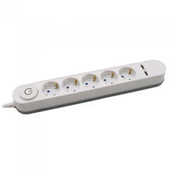  Prelungitor cu 5 prize, 2 porturi USB si intrerupator iluminat, cablu 3 m, alb (060721-14)