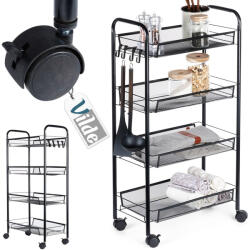 Vilde Raft metalic mobil tip cărucior pentru bucătărie, 4 polițe și 4 agățători incluse, Negru, 44 x 26 x 84 cm (568028) Raft