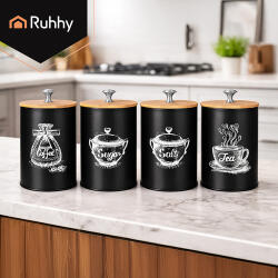 Ruhhy Set 4 recipiente ermetice de bucătărie Ruhhy 1.5L - Negru mat cu capace din bambus (24578)