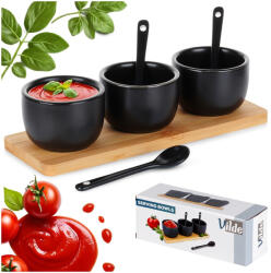 Vilde Set servire 3 boluri ceramice cu lingurițe și tavă din bambus, Negru mat, 21.5 x 6.5 x 5.5 cm (139686)