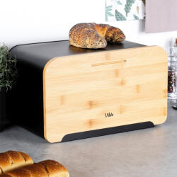 Vilde Cutie de pâine metalică cu capac din bambus, funcție de tocător, Negru, 35 x 22 x 20.5 cm (259613)