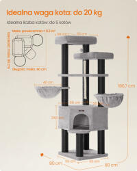 Feandrea Macska kaparófa, többszintes macskatorony, XXL, szürke és fekete 55x55x187cm (PCT008G02)
