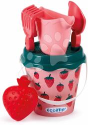Ecoiffier Vödör szett locsolókannával Strawberry Bucket Beach Écoiffier 17 cm magas 6 részes lapáttal gereblyével és formával 18 hó-tól (ECO697)