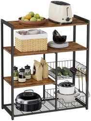 VASAGLE Konyhai állópolc konyhasziget tárolópolcokkal, akasztókkal, drótkosárral, rusztikus barna 80x35x95cm