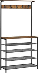 VASAGLE Előszoba fogas polccal, akasztókkal, 5 szintes cipőtartóval, rusztikus barna