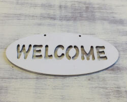  Fa "Welcome" áttört ovál tábla fehér 6x14cm - koszorúhoz és asztaldíszhez