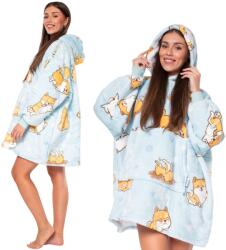  Világoskék kutyás mintás bebújós takarópulcsi - oversize szabású meleg pulcsitakaró kapucnival és kenguruzsebbel, puha sherpa béléssel, OEKO-TEX tanúsítvánnyal, uniszex viselet felnőtteknek és tinédzs