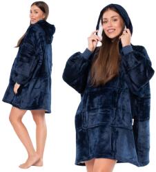  Sötétkék oversize kapucnis takaró pulóver - extra meleg és puha 2az1-ben bebújós takaró vastag sherpa béléssel, kenguruzsebbel, uniszex viselet otthoni pihenéshez, OEKO-TEX tanúsítvánnyal, univerzális
