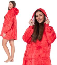  Piros oversize bebújós takaró pulcsi - extra meleg kapucnis pulóver vastag sherpa béléssel és kenguruzsebbel, puha flanel anyagból, uniszex méretben otthoni pihenéshez, OEKO-TEX tanúsítvánnyal, ideáli