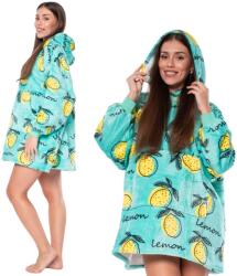  Zöld citromos mintás oversize takarópulcsi - puha sherpa bélésű, kapucnis melegítő felső kenguruzsebbel, uniszex kuckózós pulóver otthoni viseletre, OEKO-TEX tanúsítvánnyal, univerzális méretben felnő