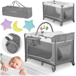 Ricokids Utazó gyerekágy, Ricokids RK-241, szürke, 125 x 65 cm, magasság: 78 cm, levehető oldalsó bejárat, 2 fékezhető kerék, összecsukható, matraccal, pelenkázóasztallal, teherbírás: 15 kg (TE724100)