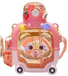 Cyrax Gyerek szívószálas cumisüveg, Cyrax, mackómintás, fokozatokkal, ragasztott matricákkal, állítható pánttal, cseppálló műanyagból, 1l, rózsaszín, 20 x 13 cm (125147)