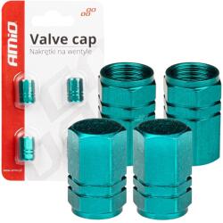 AMIO Set 4 capacele auto pentru ventil, din aluminiu, model Hexagon, culoare Verde (AVX-AM03632)