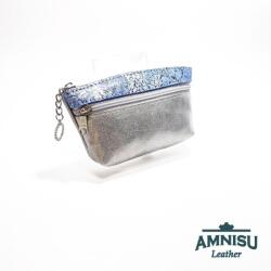 Amnisu Ezüst - kék virág mintás kettő cipzáras kulcstartó B1004