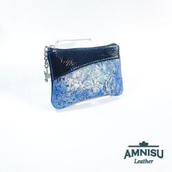 Amnisu Fekete gyűrt lakk - kék virág mintás ívelt egy cipzáras bőr kulcstartó C8007
