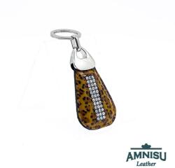 Amnisu Barna párducmintás lakk csepp alakú swarovski köves bőr kulcstartó H9020