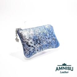 Amnisu Kék virág mintás egy cipzáras bőr kulcstartó A6017