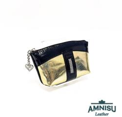 Amnisu Fekete gyűrt lakk - hologramos arany egy cipzáras egyenes swarovski köves bőr kulcstartó E8007