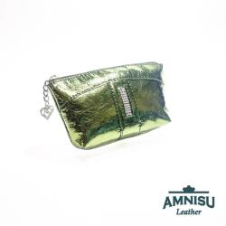Amnisu Metál zöld egy cipzáras egyenes swarovski köves bőr kulcstartó E7008