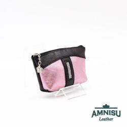Amnisu Fényes fekete - metál rózsaszín egy cipzáras egyenes swarovski köves bőr kulcstartó E8006